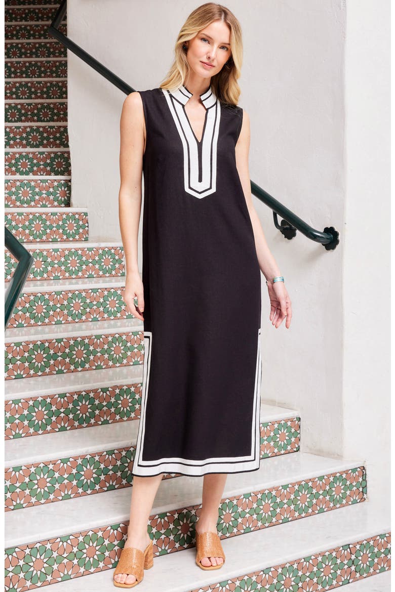 The St. Tropez Linen Blend Midi Dress, Alternate, color, BLACK W/ OFF WHITE