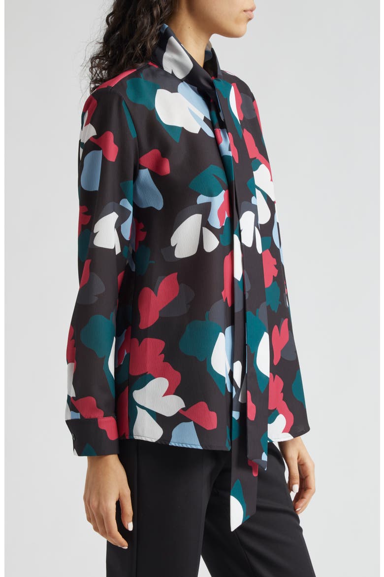 Floral Tie Neck Crepe Shirt, Alternate, color, BLACK MULTI