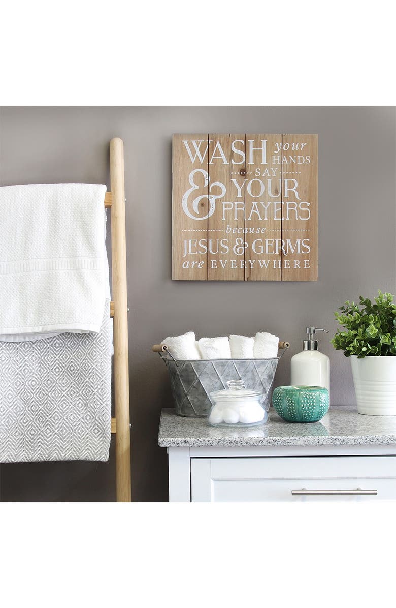 STRATTON HOME DECOR Light Natural Wood/White Wash Your Hands, Say Your Prayers Bath Wall Art, Alternate, color,