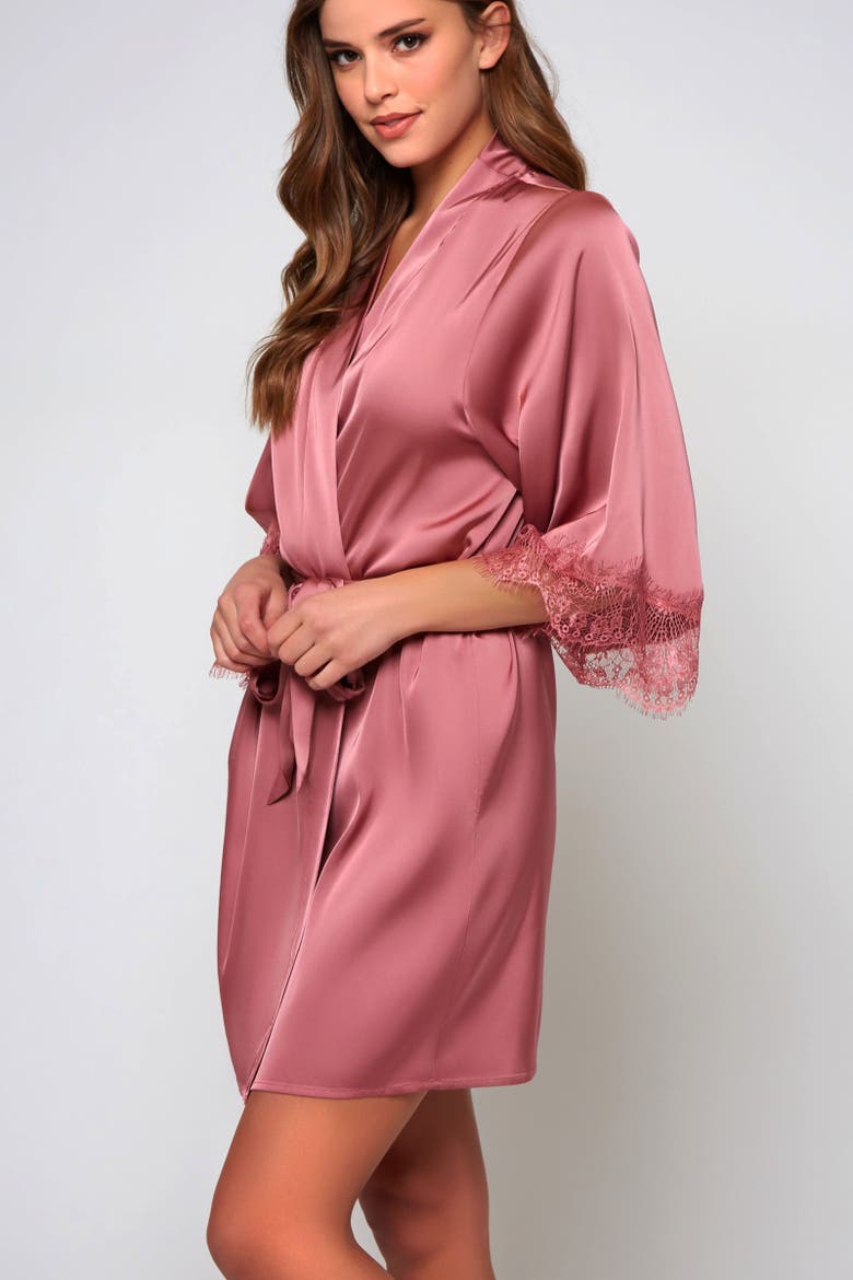 Stretch Satin Lace-Trim Robe, Alternate, color, Wine