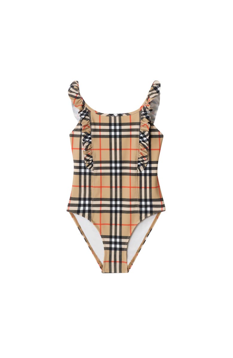 Burberry Ruffle Trim Check Swimsuit, Main, color, Sand Beige