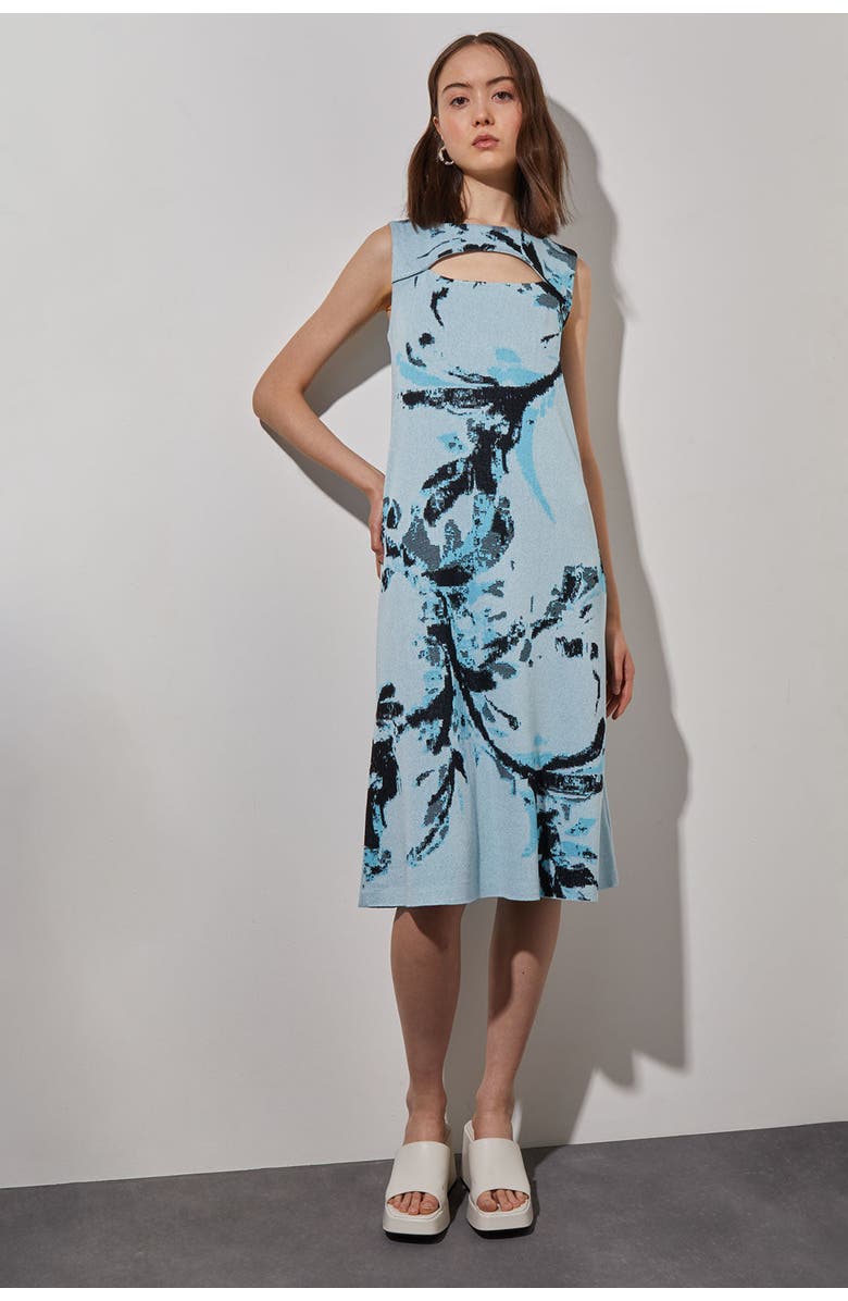 Ming Wang A-Line Abstract Soft Knit Dress, Main, color, Haze/Dew Blue/Black