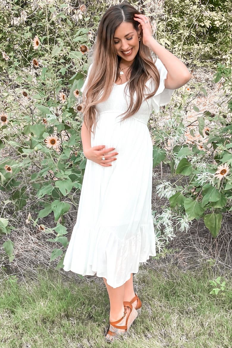Smocked V-Neck Midi Dress, Alternate, color, White