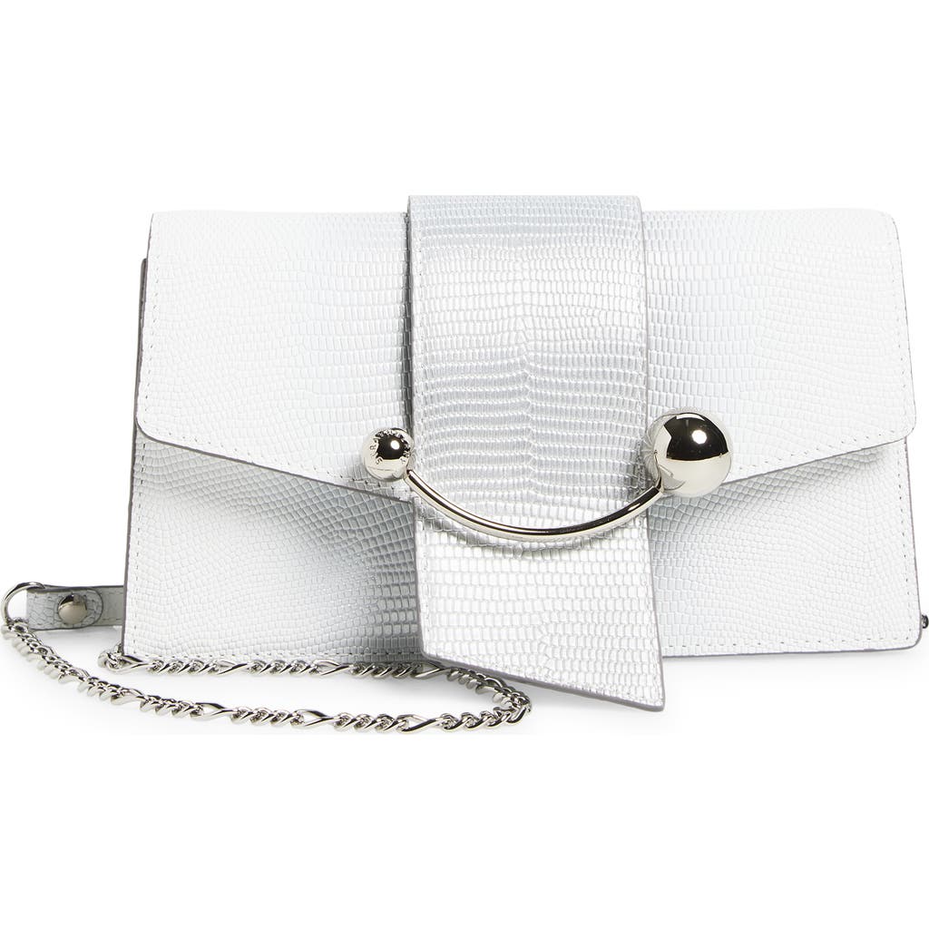 Strathberry Crescent Lizard Embossed Handbag On A Chain In Silver