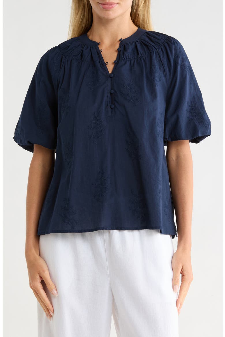 Embroidered Puff Sleeve Top, Main, color, NAVY STILL