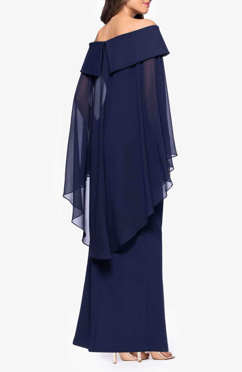 Xscape Evenings Off the Shoulder Capelet Cocktail Dress, Alternate, color, Navy
