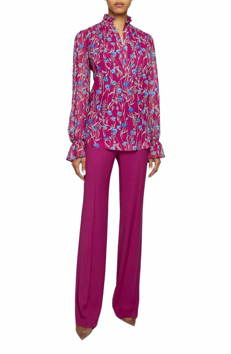 Santorelli CHELSEA Long Sleeve Ruffle Neck Blouse in Floral Printed Georgette, Alternate, color, Dark Magenta