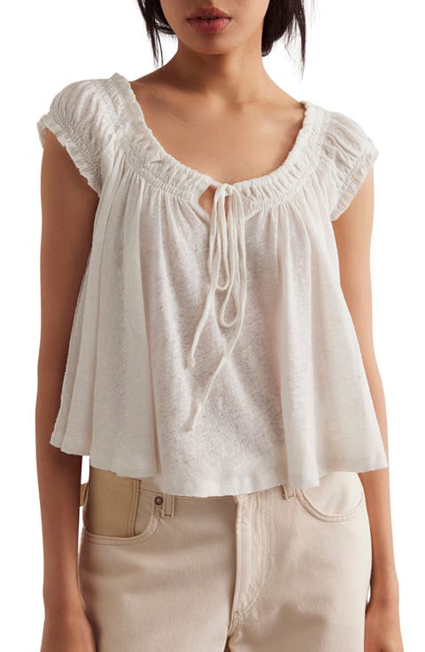 Dahlia Tie Front Linen & Cotton T-Shirt