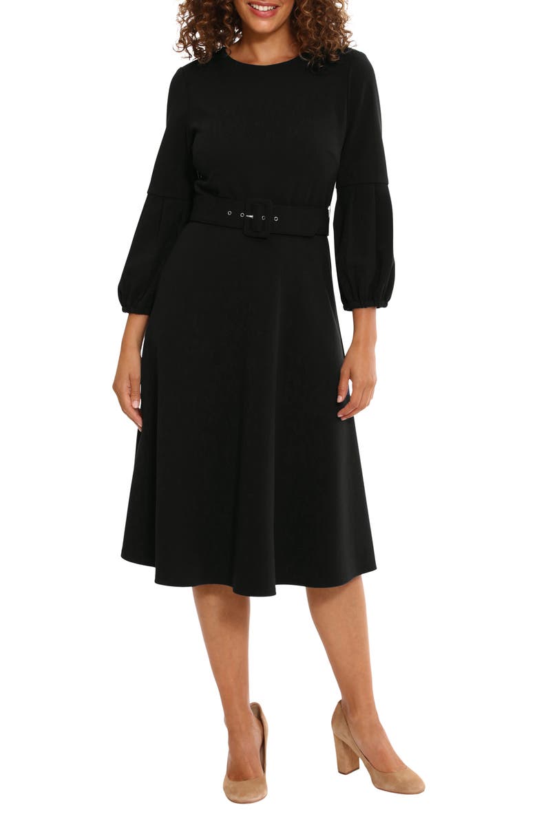 London Times Puff Sleeve Belted Fit & Flare Midi Dress, Main, color, 