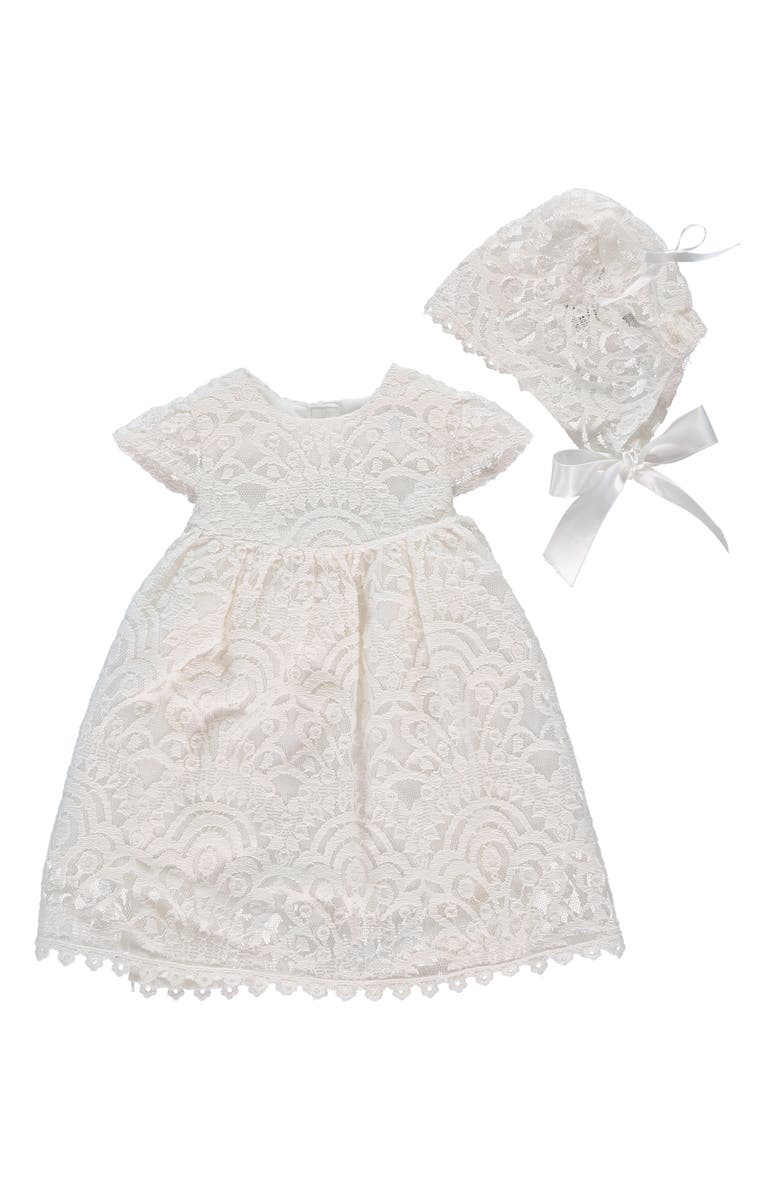 Carriage Boutique Lace Christening Gown & Bonnet Set, Main, color, Off White