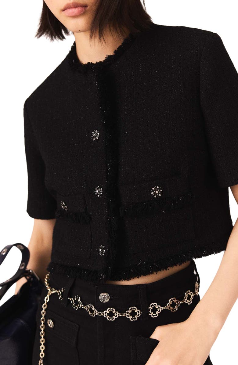 maje Short shiny tweed jacket, Alternate, color, Black