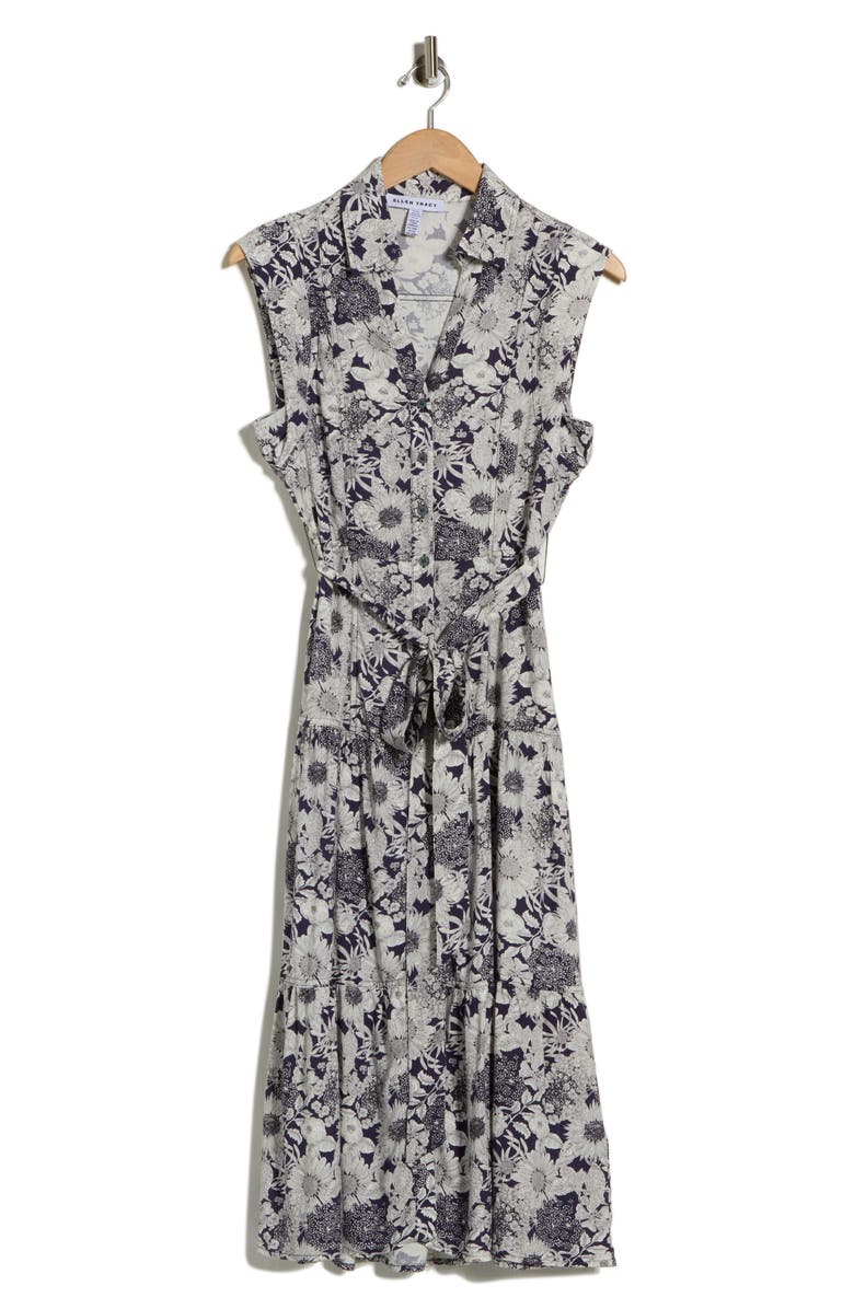 Ellen Tracy Cap Sleeve Tiered Midi Shirtdress, Main, color, Blue Daisy