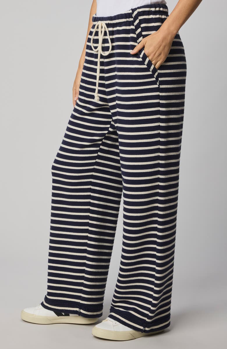 Splendid Livie Stripe Tie Waist Wide Leg Terry Pants, Alternate, color, Navy Blue/ Moonstone