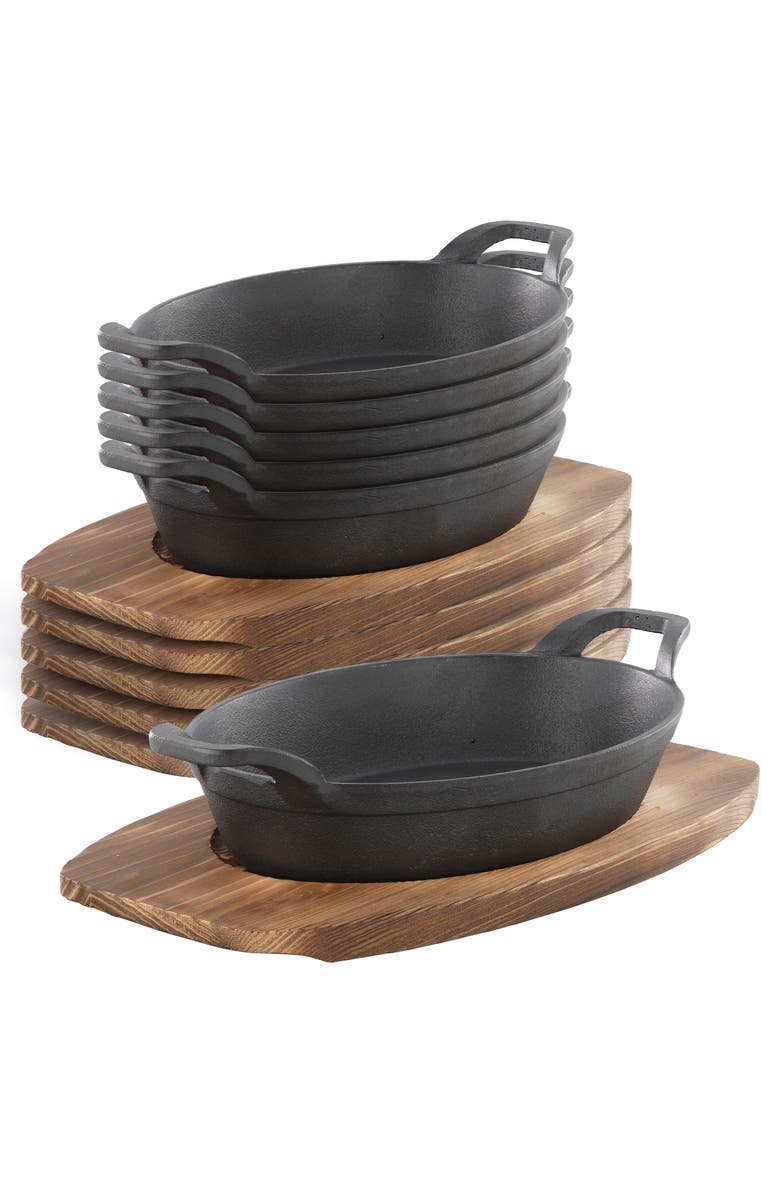 Megachef 6 Piece Mini Cast Iron Oval Pan with Wood Tray Set, Main, color, Black