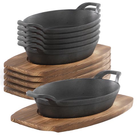 6 Piece Mini Cast Iron Oval Pan with Wood Tray Set