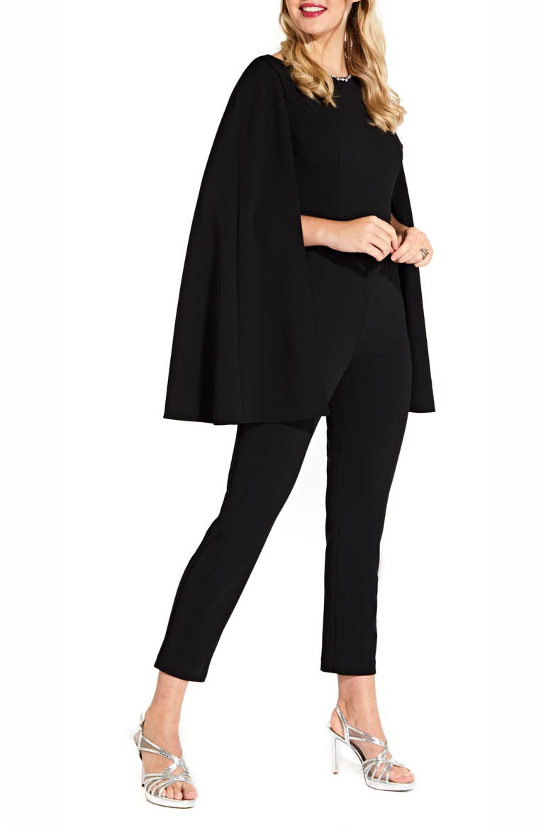 Long Cape Sleeve Stretch Crepe Jumpsuit, Alternate, color, BLACK