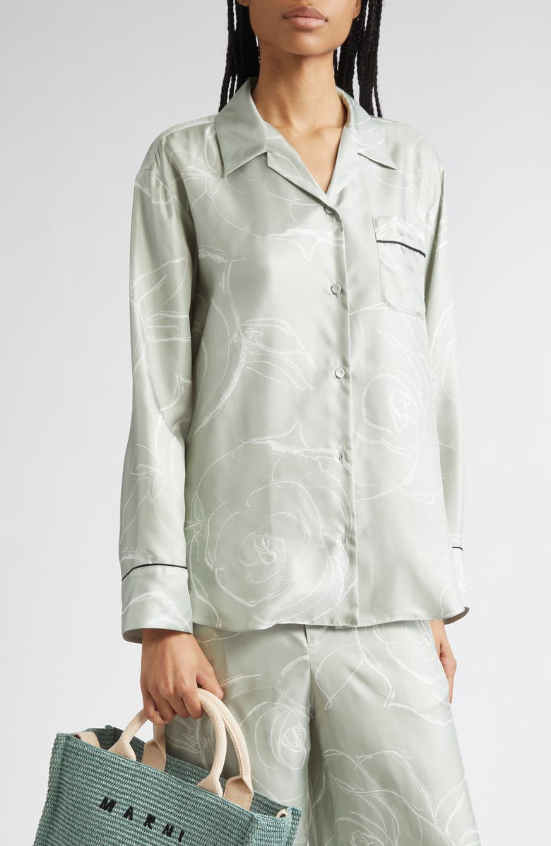 Marni Floral Silk Pajama Shirt, Main, color, Auv19 Sea/Green