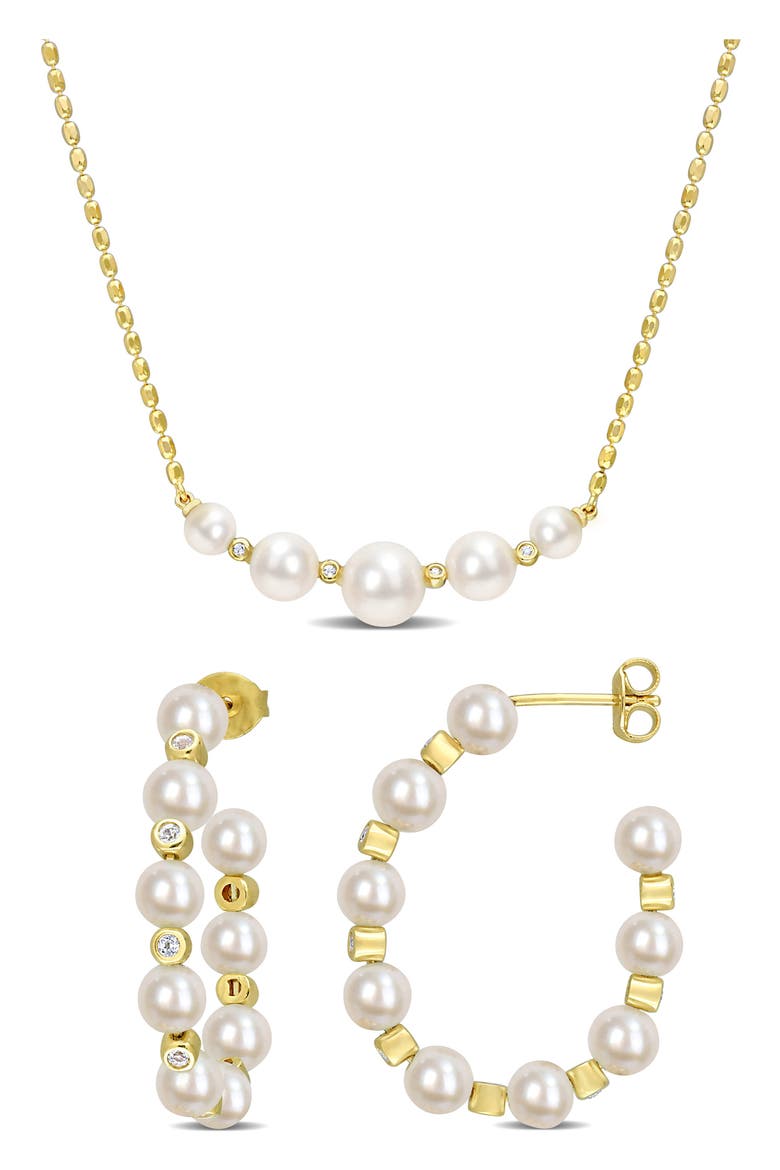 Freshwater Pearl & White Topaz Necklace & Hoop Earrings Set, Main, color, WHITE