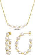 DELMAR Freshwater Pearl & White Topaz Necklace & Hoop Earrings Set