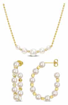 Freshwater Pearl & White Topaz Necklace & Hoop Earrings Set