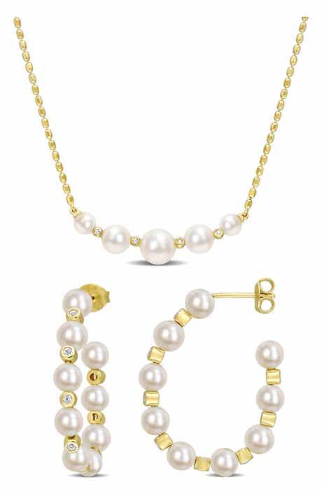 DELMAR Freshwater Pearl & White Topaz Necklace & Hoop Earrings Set