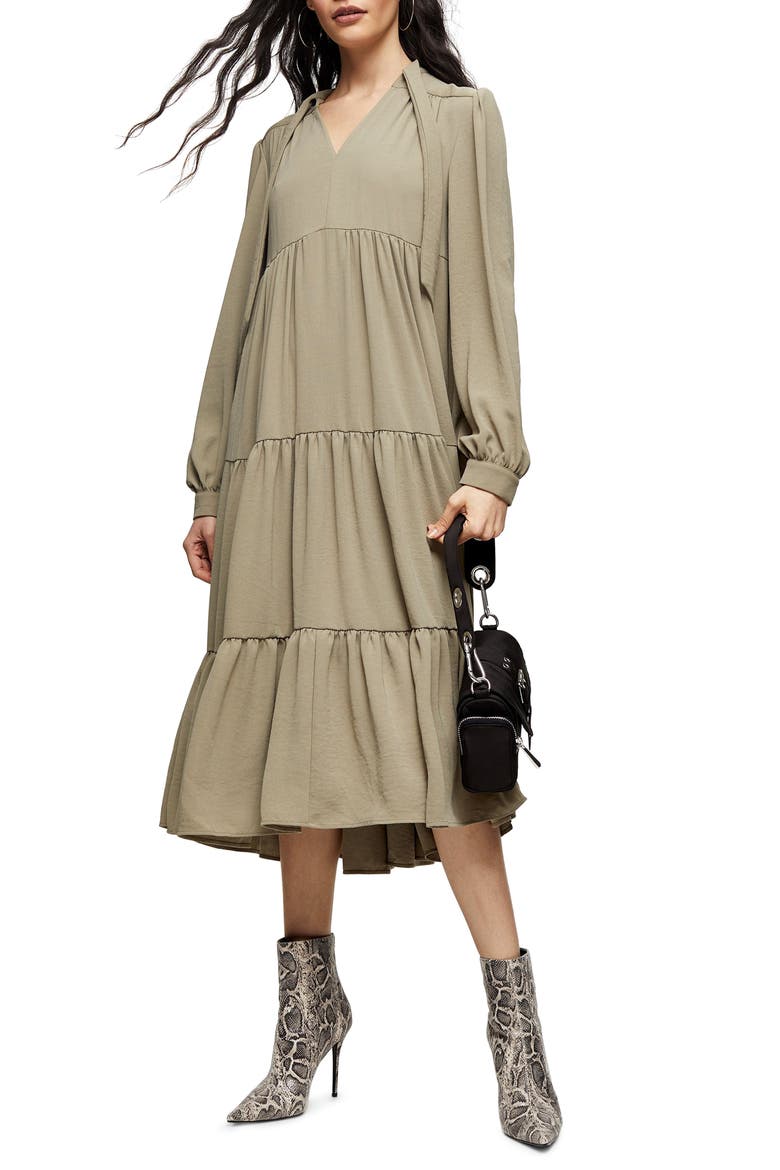 Tiered Tie Neck Chuckon Long Sleeve Midi Dress, Main, color, OLIVE