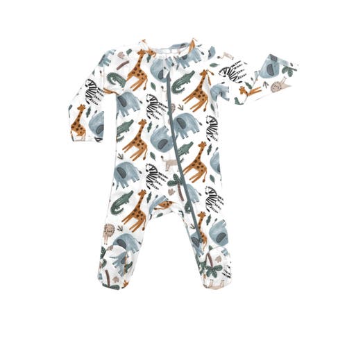Norani Stretch Organic Cotton Zip Footie In Safari Animals