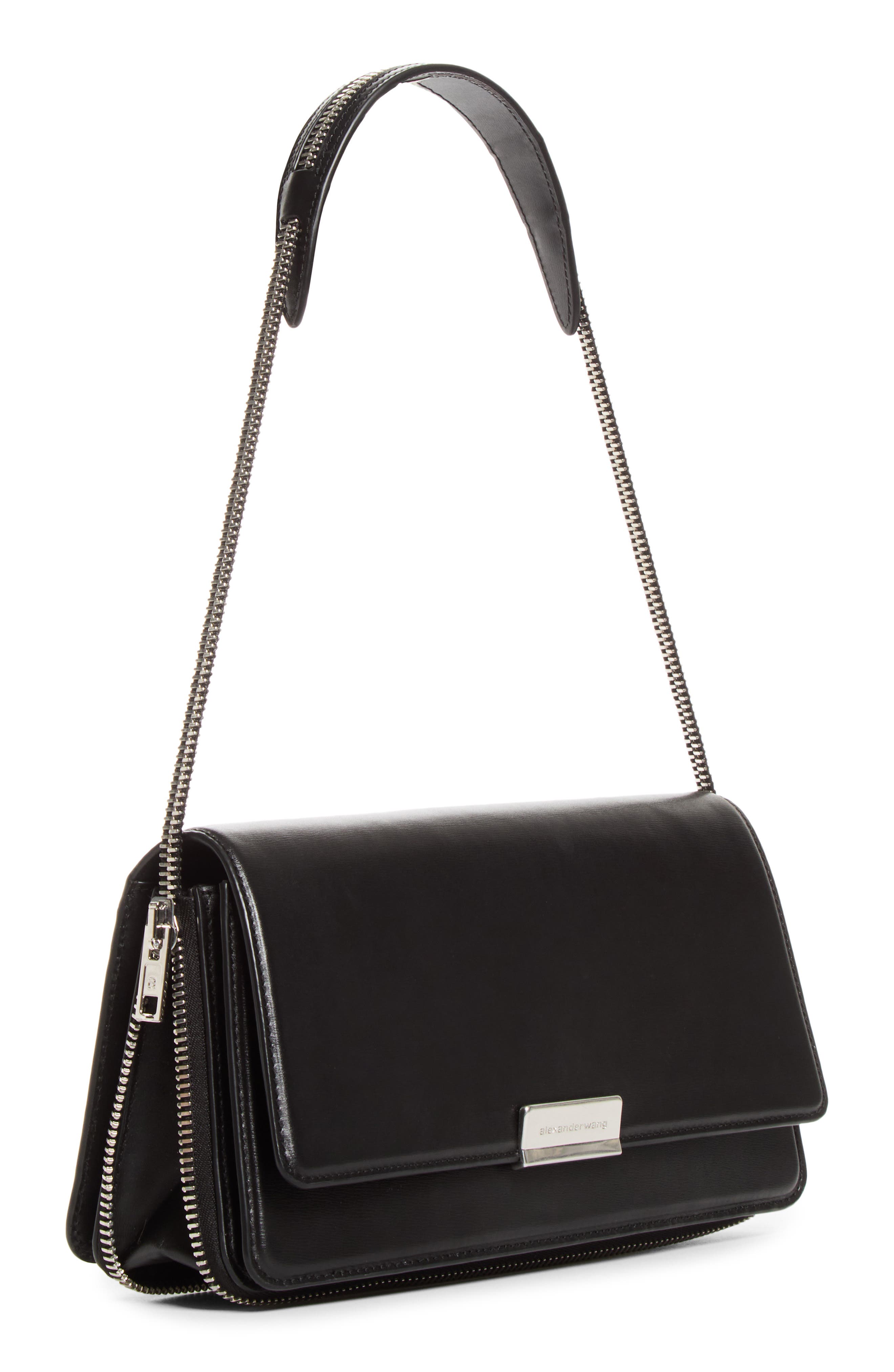 Medium Siren Leather Shoulder Bag, Alternate, color, BLACK
