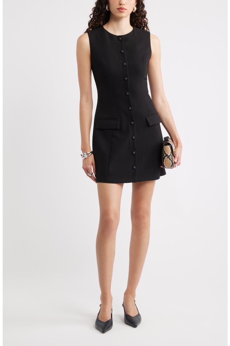 Button Front Sleeveless Minidress, Main, color, BLACK