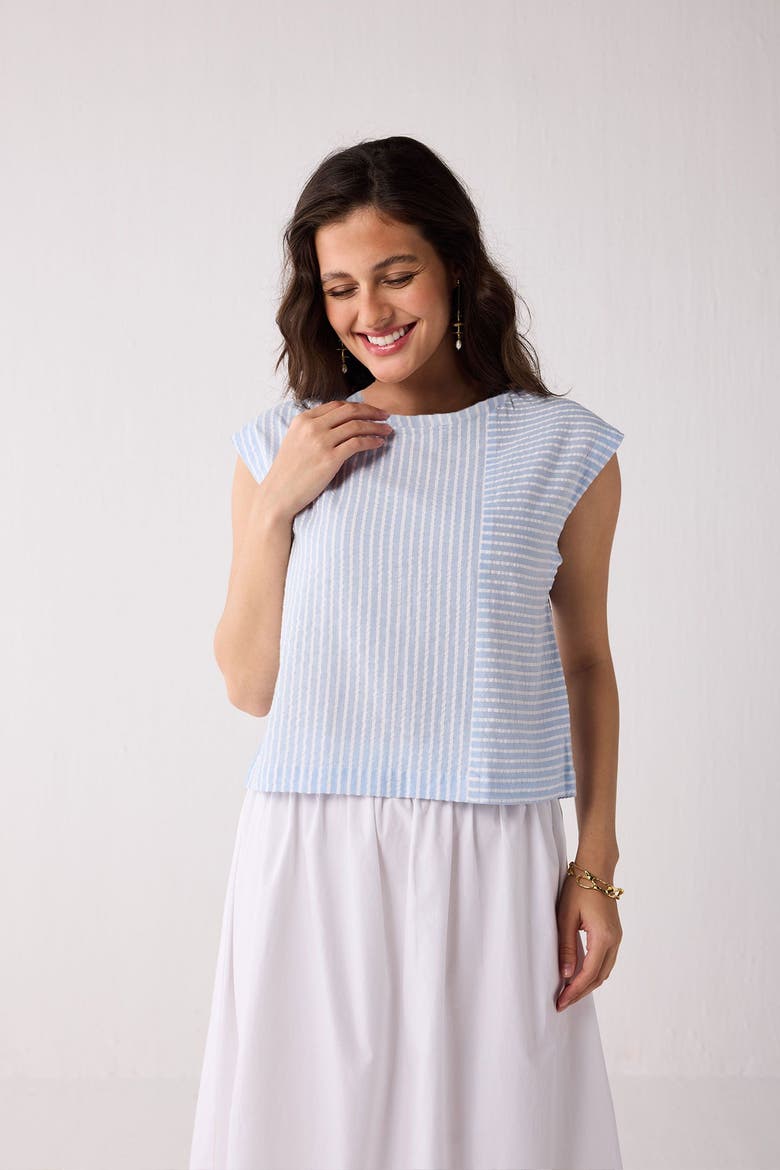 Button-Back Crew Neck Top in Blue Stripes, Alternate, color, Cloudline