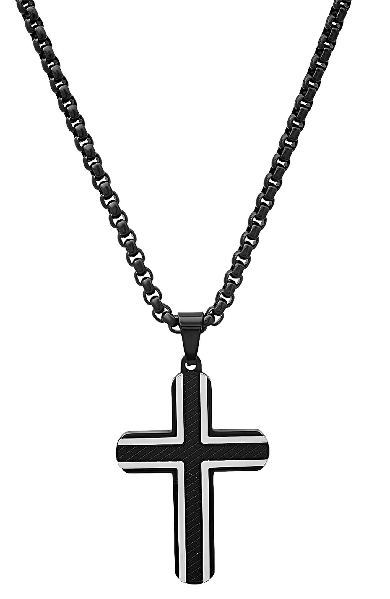 HMY JEWELRY Men's Two-Tone Black Stainless Steel Cross Pendant Necklace
