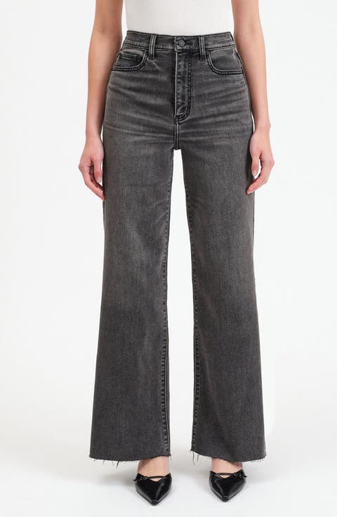 Far Out Raw Hem High Waist Wide Leg Jeans (Milky Way)