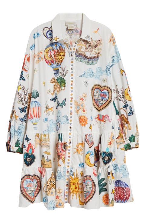 Print Long Sleeve Tiered Cotton Shirtdress