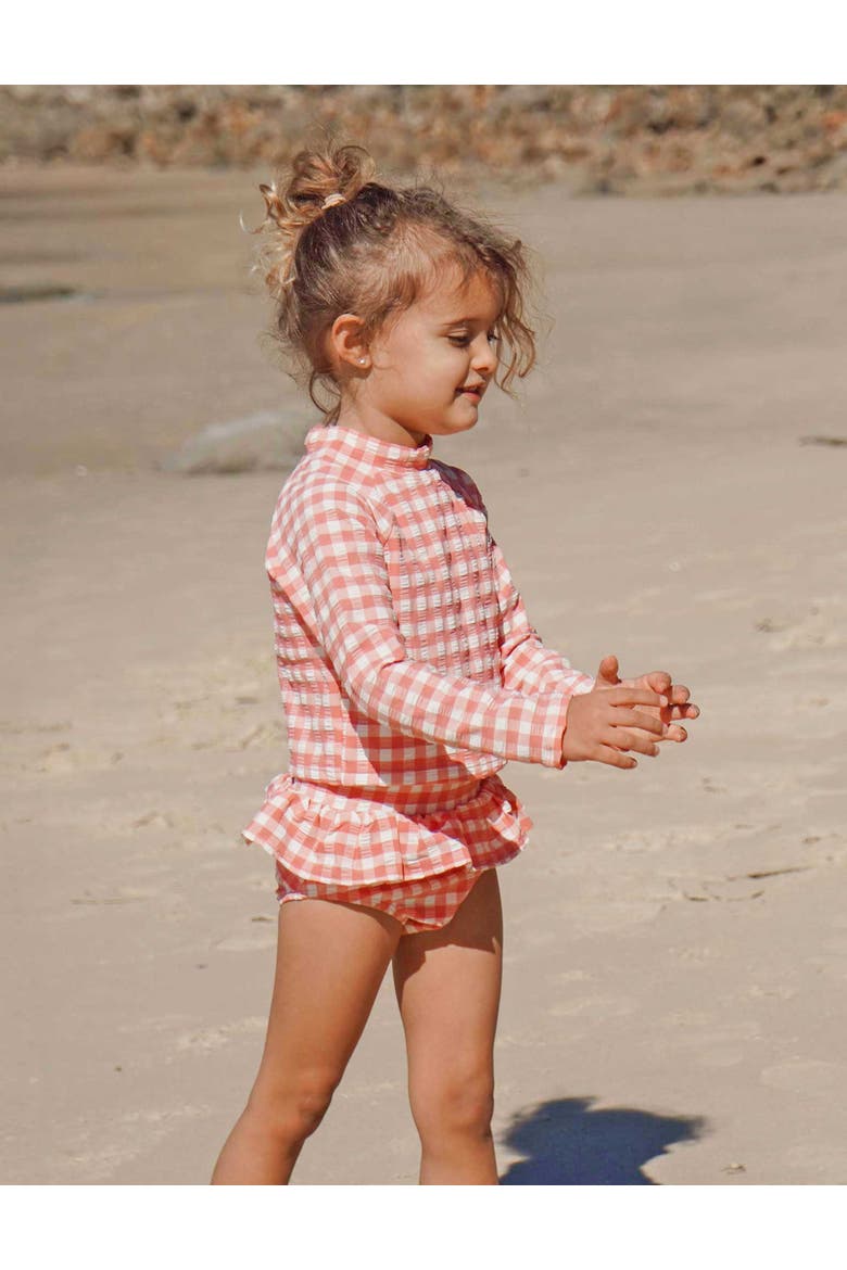 Printed Longsleeve Rashie Swim Set, Alternate, color, Pomegranate Gingham
