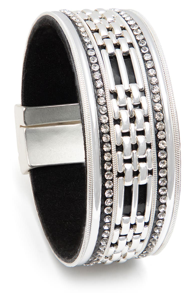 Faux Pearled Cutout Waved Cuff Bracelet, Main, color, SILVER