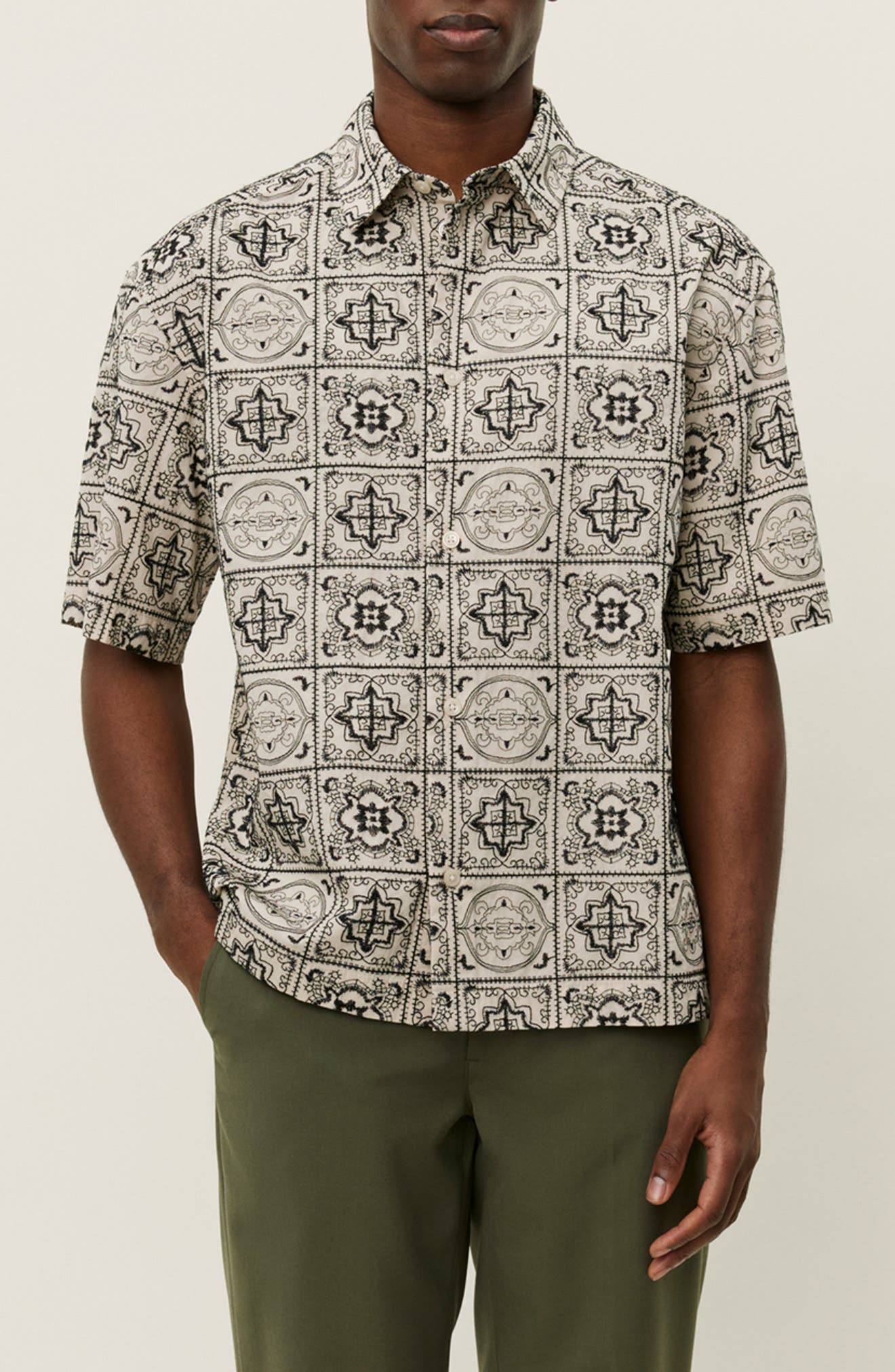Les Deux Larry Tile Print Short Sleeve Cotton Button-Up Shirt