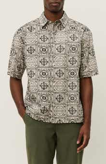 Les Deux Larry Tile Print Short Sleeve Cotton Button-Up Shirt