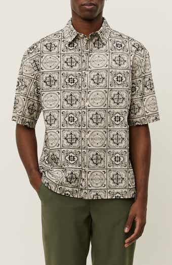 Les Deux Larry Tile Print Short Sleeve Cotton Button-Up Shirt