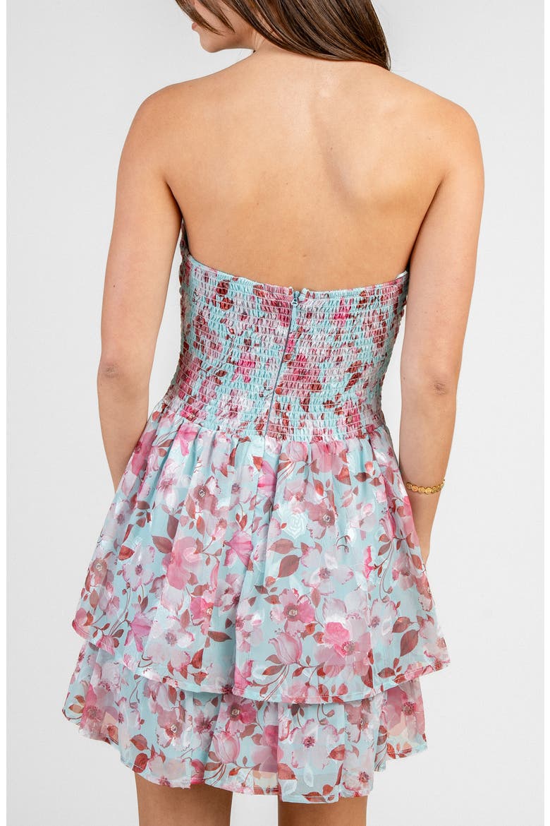 Floral Strapless Chiffon Fit & Flare Minidress, Alternate, color, BLUE PINK
