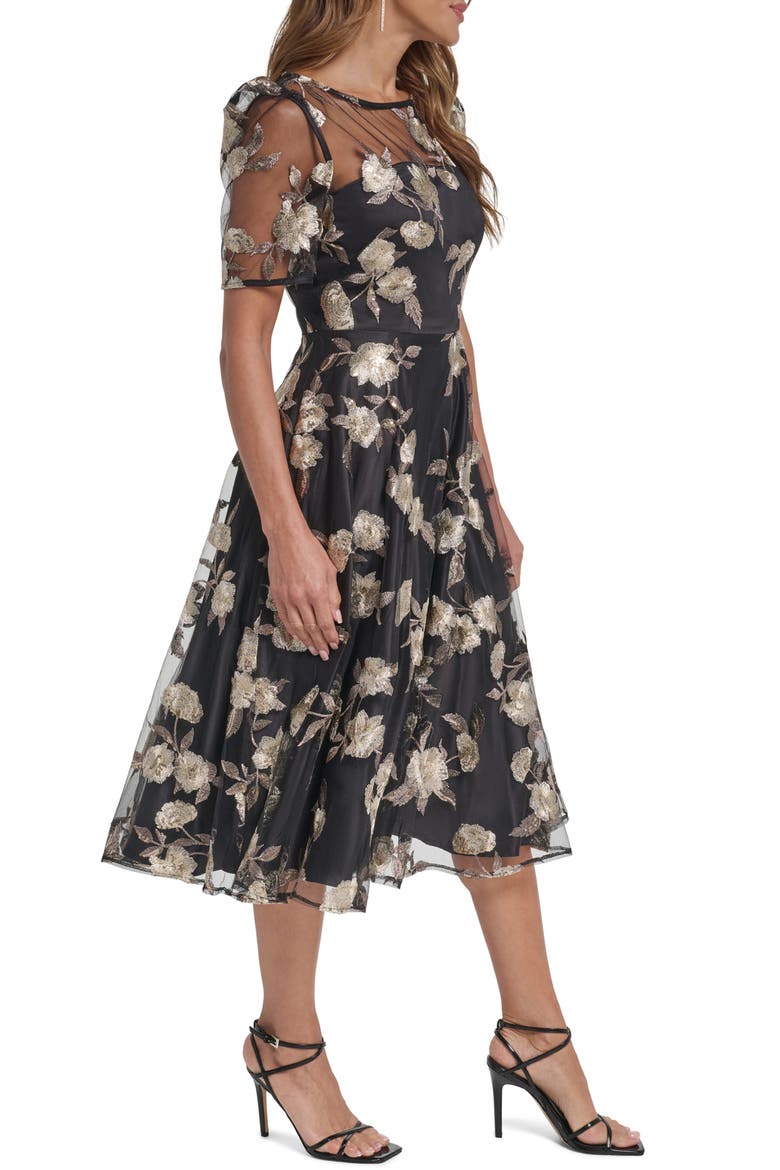 Embroidered Metallic Cocktail Dress, Alternate, color, BLACK CHAMPANGE