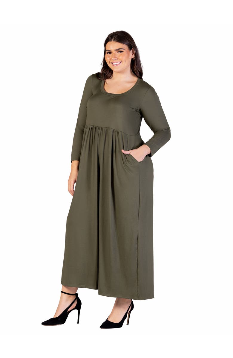 24seven Comfort Apparel Long Sleeve Empire Waist Pocket Maxi Dress, Alternate, color, Olive