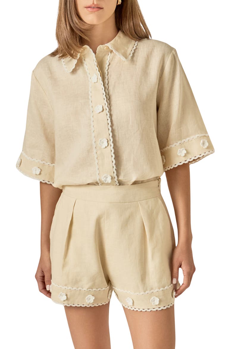 Floral Detailed Short Sleeve Linen Shirt, Main, color, LIGHT BEIGE