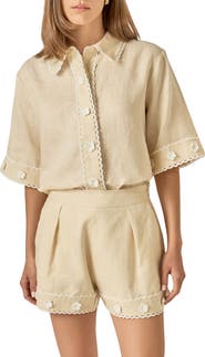 English Factory Floral Detailed Short Sleeve Linen Shirt