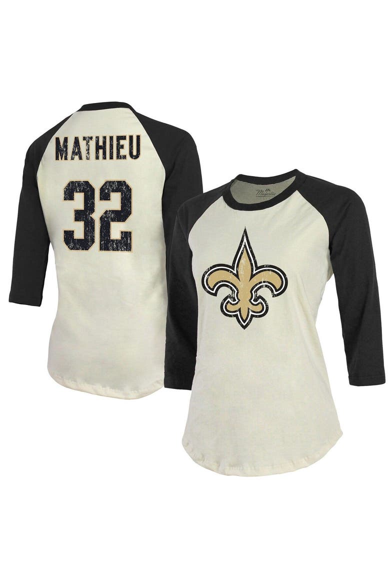 Women's Majestic Threads Tyrann Mathieu Cream/Black New Orleans Saints Name & Number Raglan 3/4 Sleeve T-Shirt, Main, color, Cream
