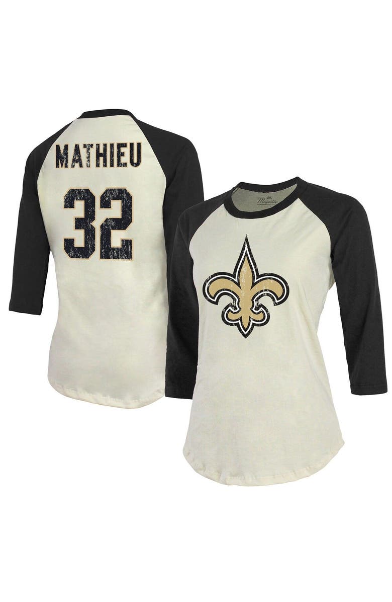 Majestic Threads Women's Majestic Threads Tyrann Mathieu Cream/Black New Orleans Saints Name & Number Raglan 3/4 Sleeve T-Shirt, Main, color, Cream