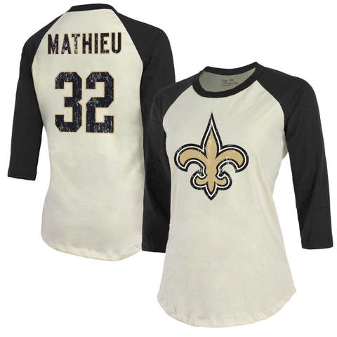 Women's Majestic Threads Tyrann Mathieu Cream/Black New Orleans Saints Name & Number Raglan 3/4 Sleeve T-Shirt