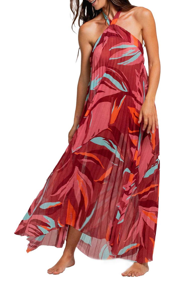 Pleated Halter Cover-Up Maxi Dress, Main, color, RED MULTI