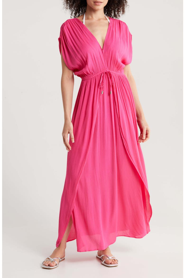 Wrap Maxi Cover-Up Dress, Main, color, HOT PINK