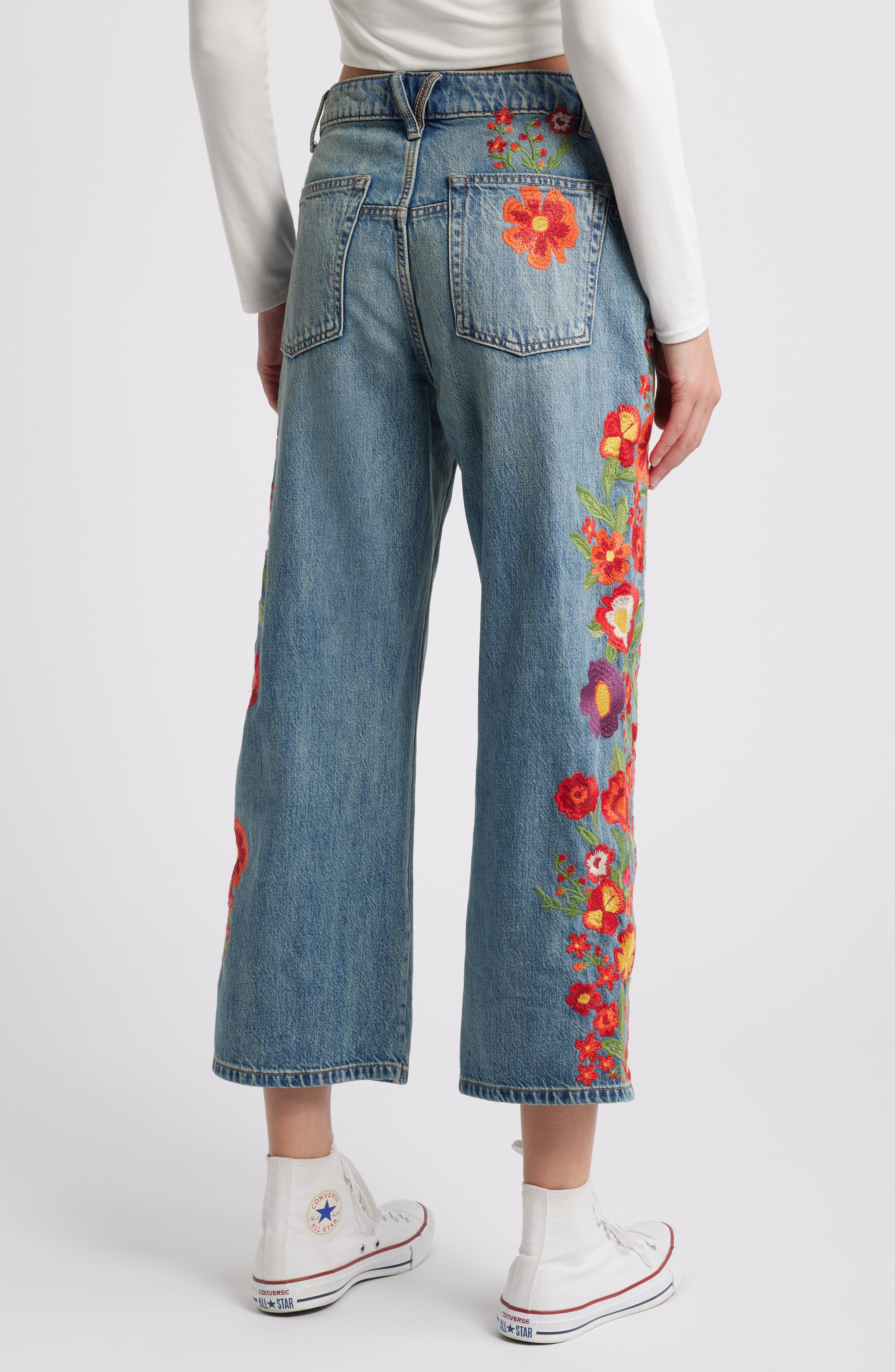 Deep Trance Floral Embroidered Nonstretch Wide Leg Jeans (Women