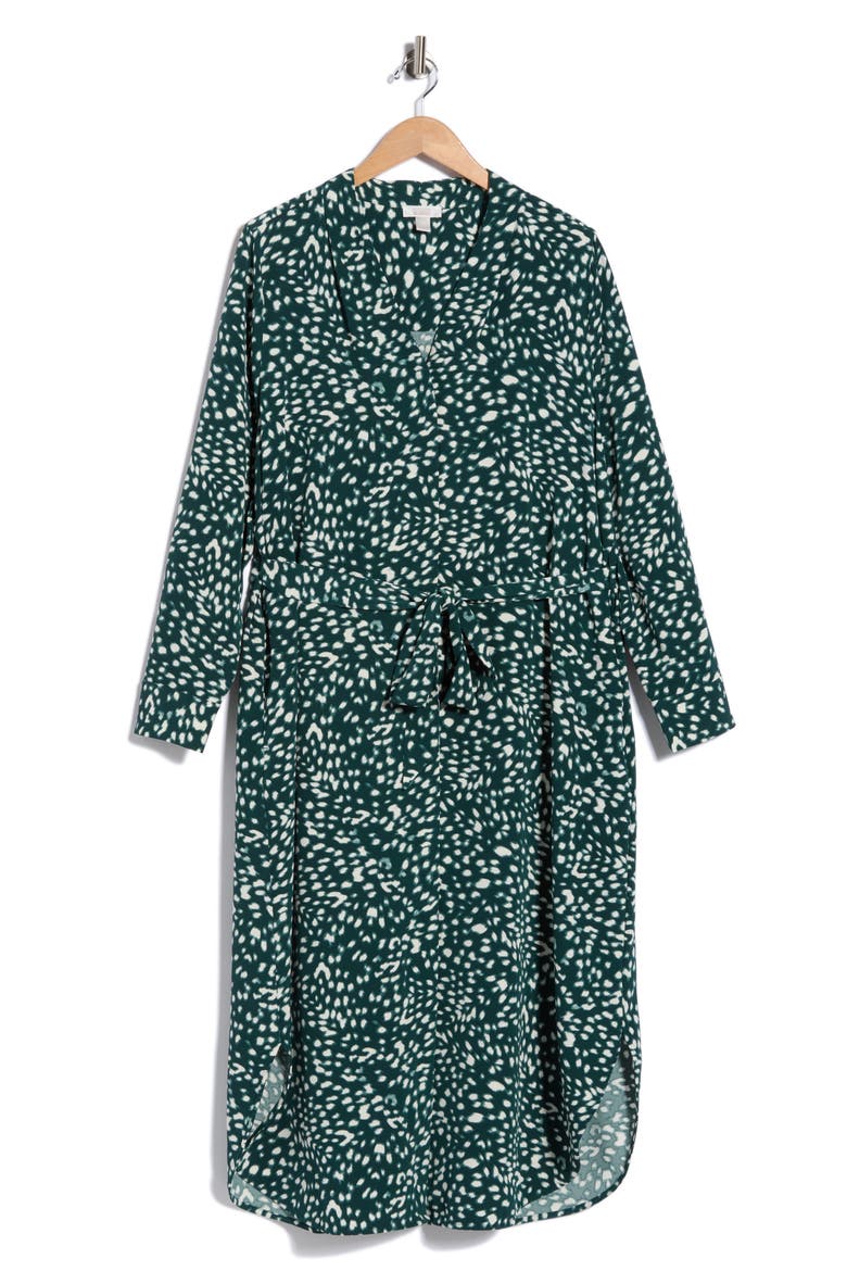 Pleated Tie Waist Long Sleeve Dress, Main, color, GREEN PONDEROSA ANIMALIA